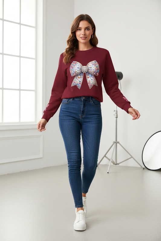 Burgundy Sequin Bow Printed Sweatshirt