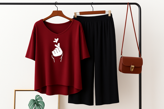 Love Heart Printed Red V Neck T shirt with Black Palazzo Pajama Night Suit