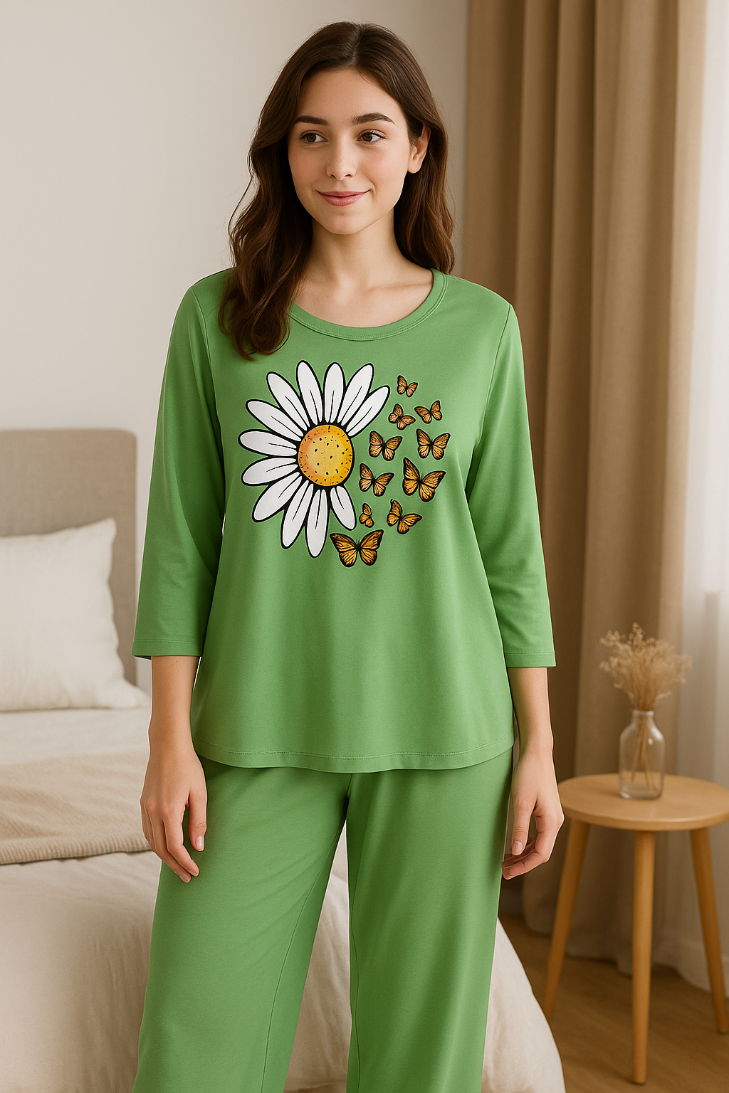 Green Daisy Butterfly Printed Pajama Set - Floral Sleepwear