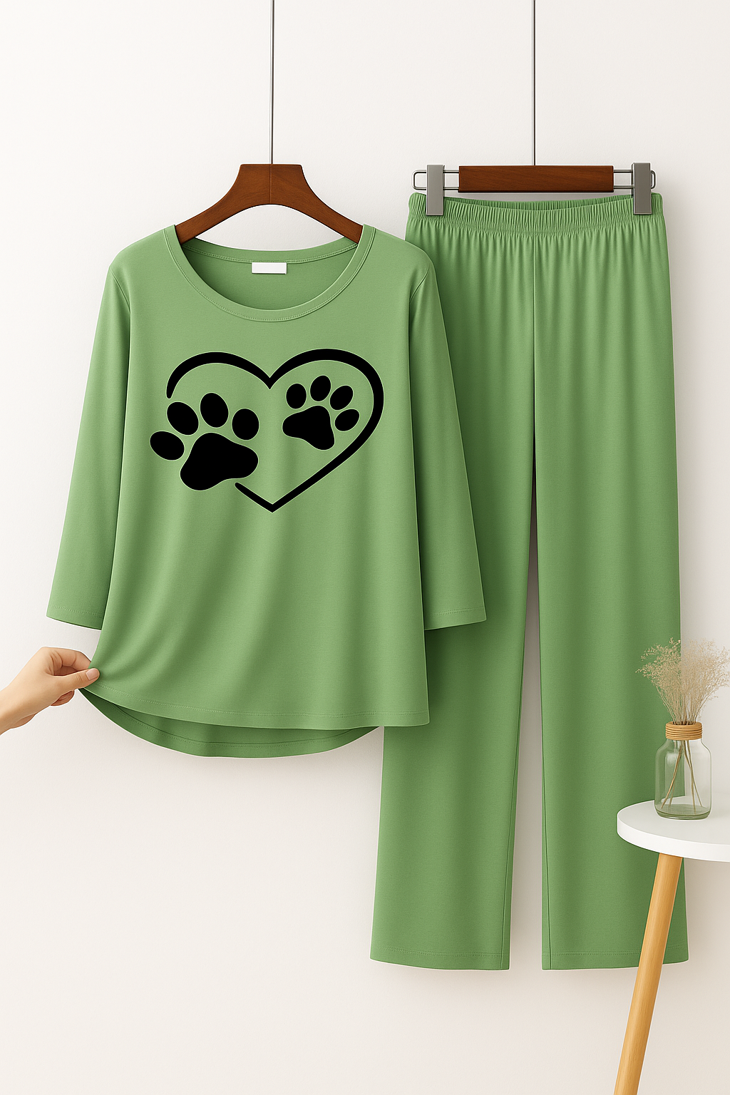Green Paw Print Heart Printed Pajama Set - Pet Lover Sleepwear