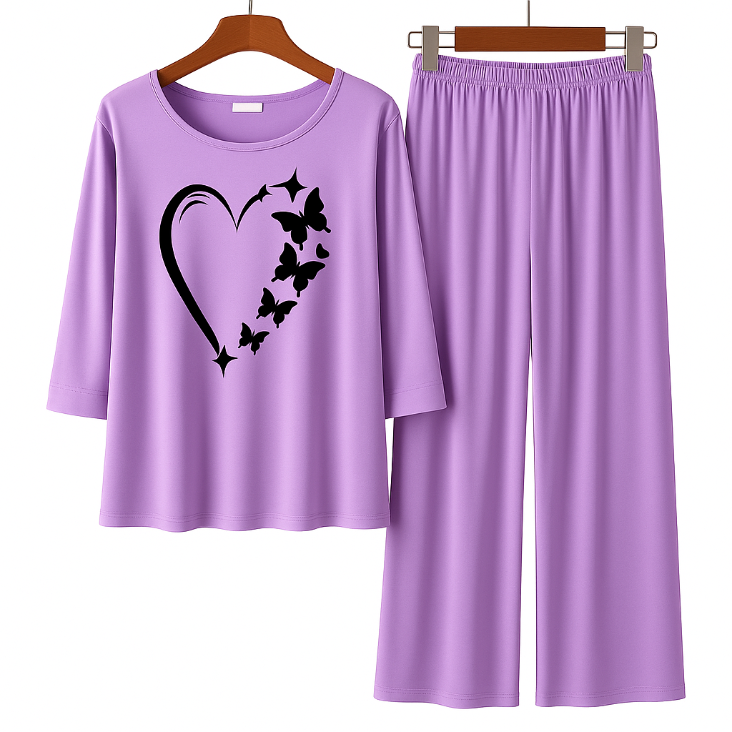 Purple Heart Butterfly Printed Pajama Set - Women's Sleepwear