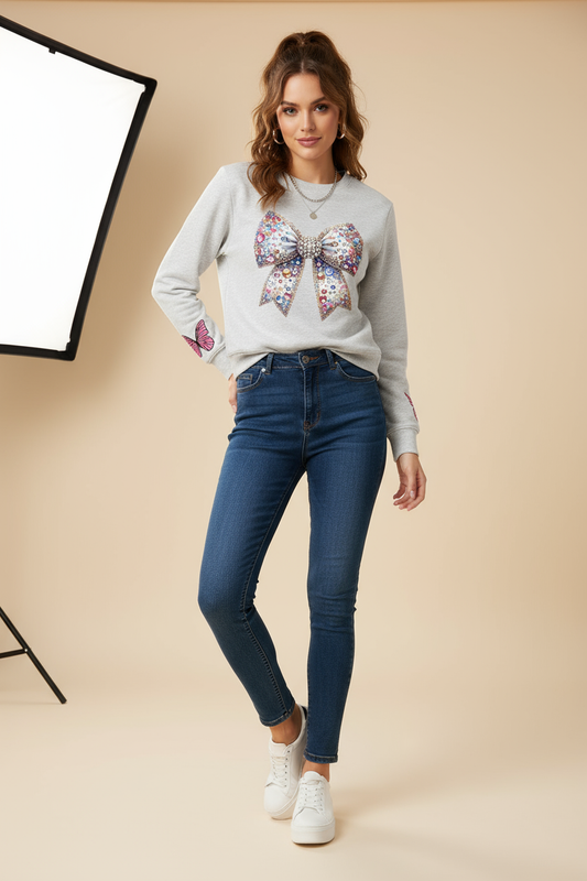 Gray Sparkle Bow Printed Sweatshirt