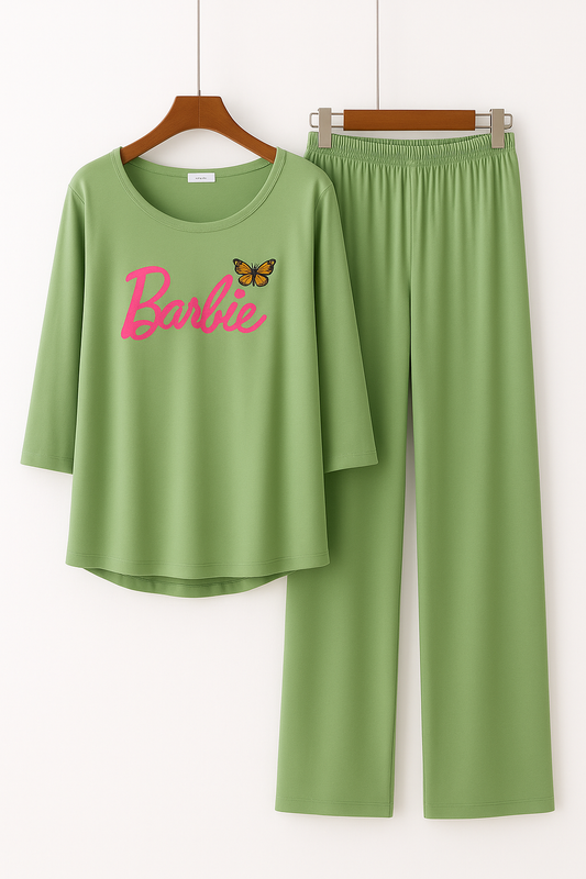 Barbie Green Butterfly Printed Pajama Set - Women's Sleepwear