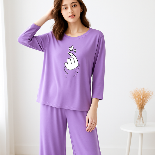 Purple Finger Heart Printed Pajama Set - Women's Sleepwear