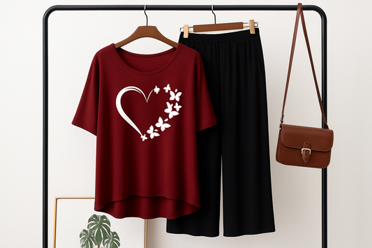 Heart Printed Red V Neck T shirt with Black Palazzo Pajama Night Suit