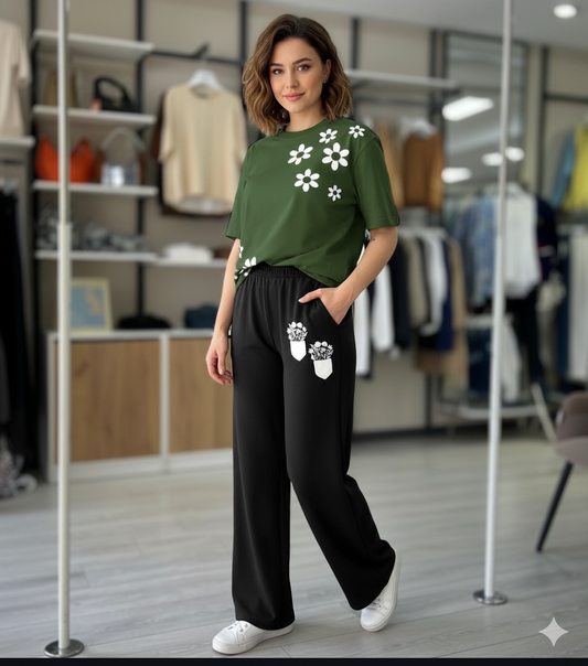Green Floral Print T-Shirt & Black Pants Two-Piece Set