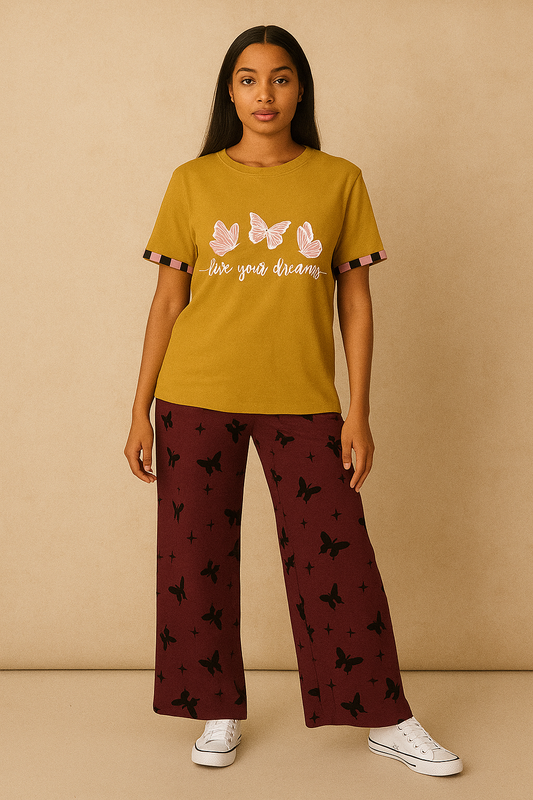 Mustard Yellow Butterfly Tee and Maroon Wide-Leg Lounge Set