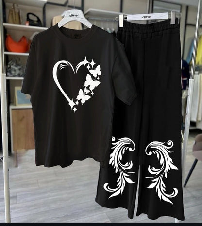 Elegant Black Two-Piece Set with Butterfly Heart &amp; Floral Print