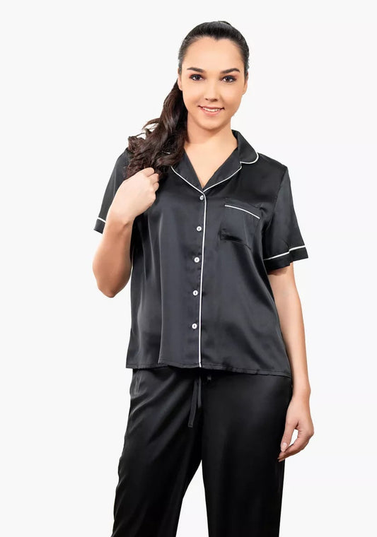 Black Satin Pajama Set for Women – Short Sleeve & Full-Length Pants
