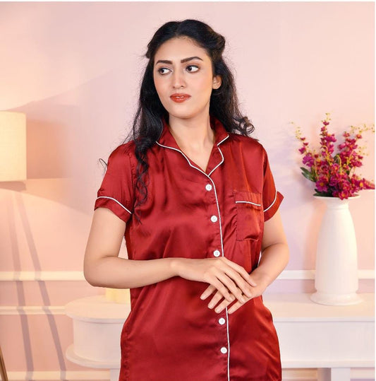 Women's Maroon Satin Pajama Set – Short Sleeve & Full-Length Pants"