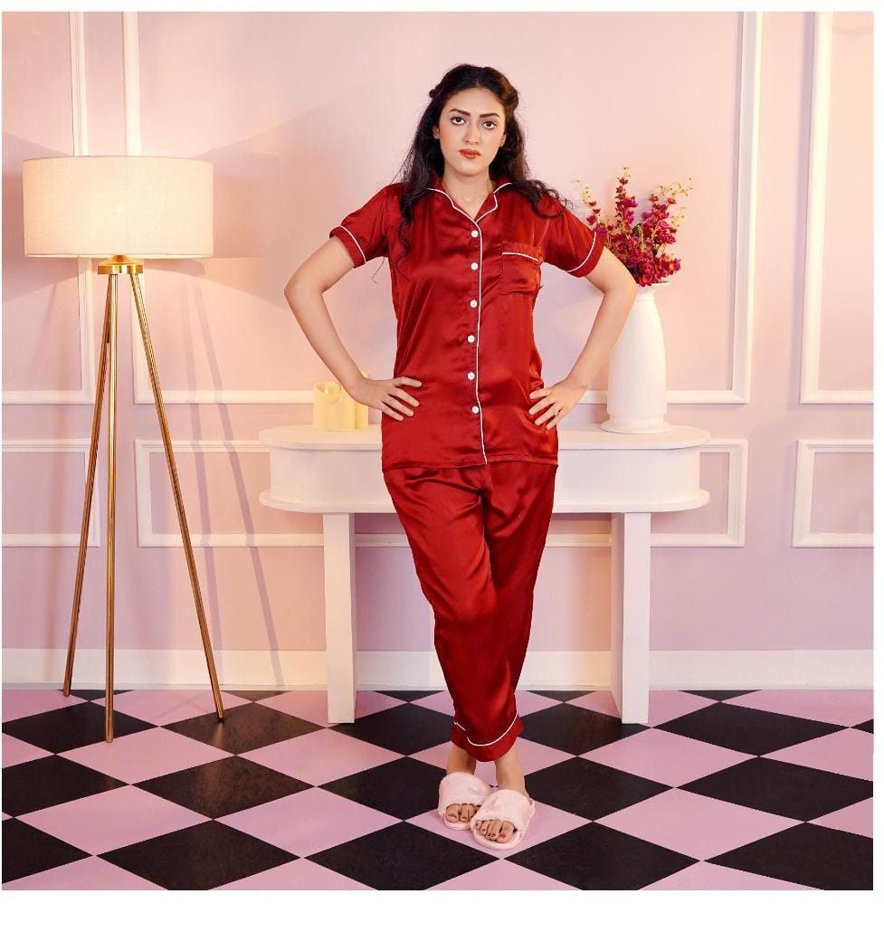 Women's Maroon Satin Pajama Set – Short Sleeve & Full-Length Pants"