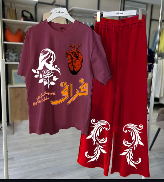 "Firaaq Love Printed Loungewear Set – Maroon & Red"