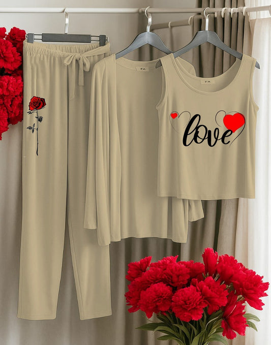 3 Pc Night Suits Cardigan & Joggers