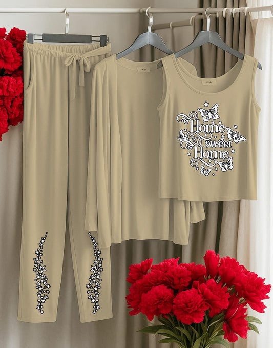 Home Sweet Home Beige 3-Piece Loungewear Set – Tank, Cardigan & Pants
