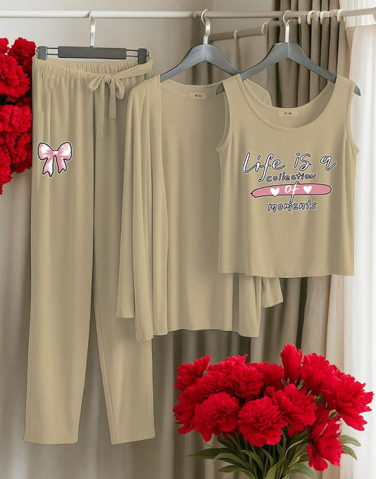 "Life Moments Beige 3-Piece Loungewear Set – Bow & Quote Print"