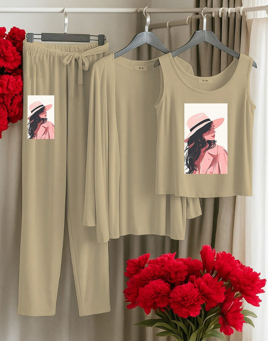 Beige Elegance 3-Piece Lounge Set – Artistic Girl Print"