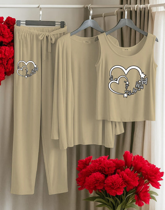 Butterfly Hearts 3-Piece Loungewear Set – Beige Tank, Cardigan & Pants