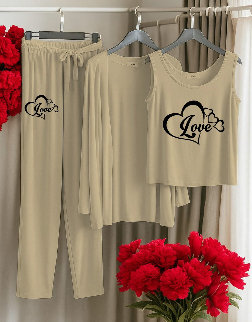 Heartfelt Love Lounge 3-Piece Loungewear Set – Beige Tank, Cardigan & Drawstring Pants