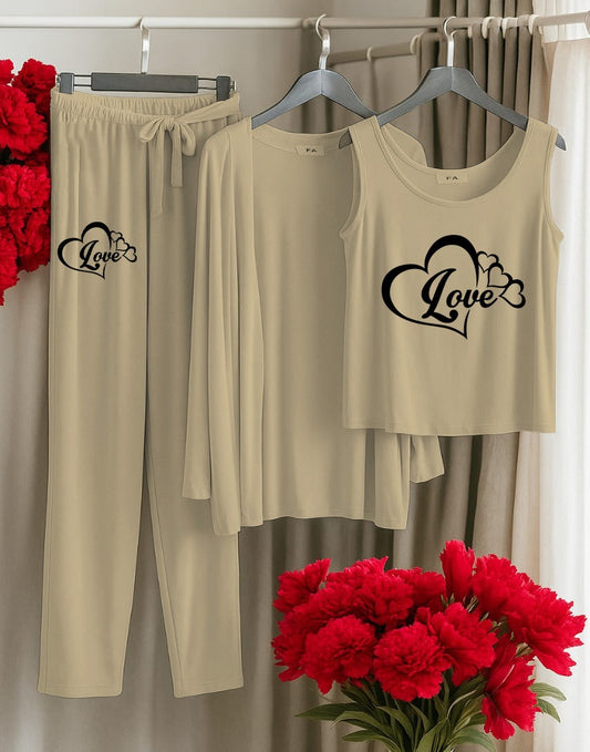 Heartfelt Love Lounge 3-Piece Loungewear Set – Beige Tank, Cardigan & Drawstring Pants