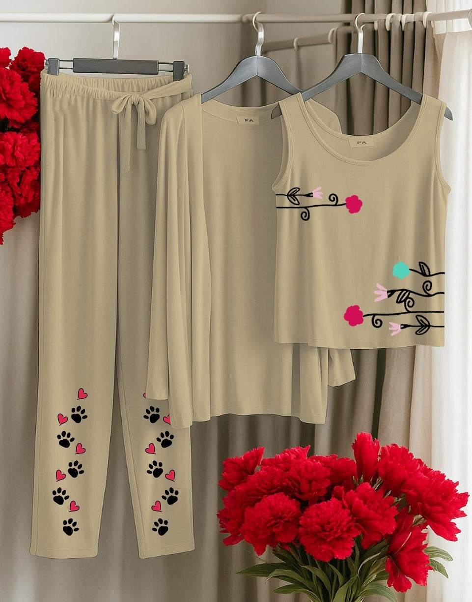 Paw & Blossom Lounge 3-Piece Loungewear Set Beige Tank, Cardigan & Paw-Print Drawstring Pants