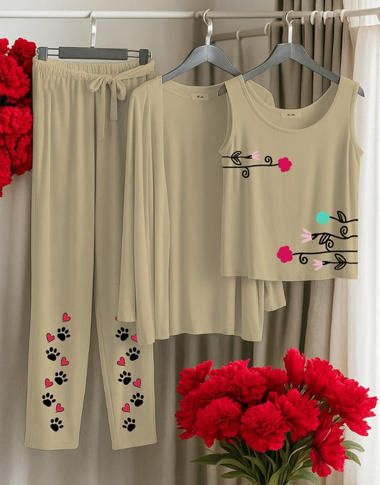 Paw & Blossom Lounge 3-Piece Loungewear Set Beige Tank, Cardigan & Paw-Print Drawstring Pants