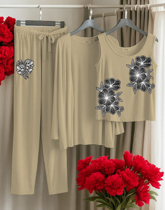 Petal Embrace 3-Piece Loungewear Set Beige Floral Tank, Cardigan & Drawstring Pants
