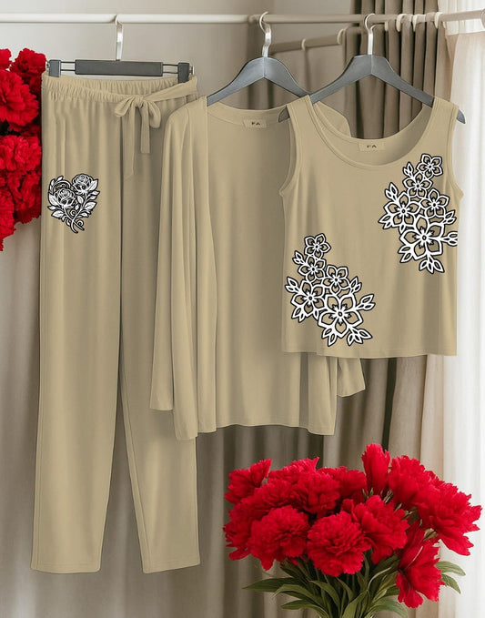 Midnight Petals Lounge 3-Piece Loungewear Set – Beige Tank, Cardigan & Floral-Accent Pants"