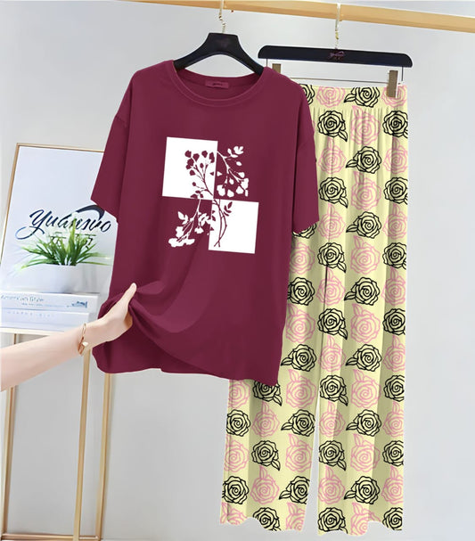 Burgundy Bloom Lounge 2-Piece Loungewear – Graphic Box Tee & Rose‑Print Lounge Pants”