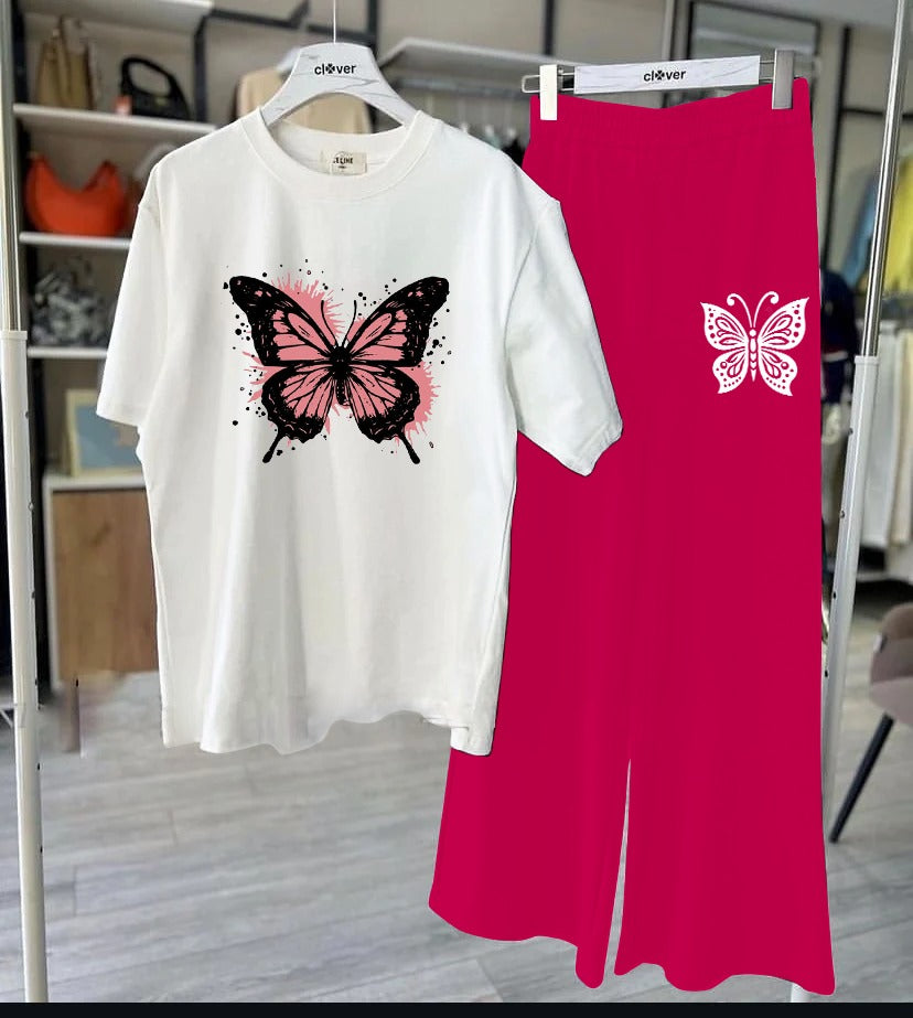 White Butterfly T-Shirt & Pink Lounge Set