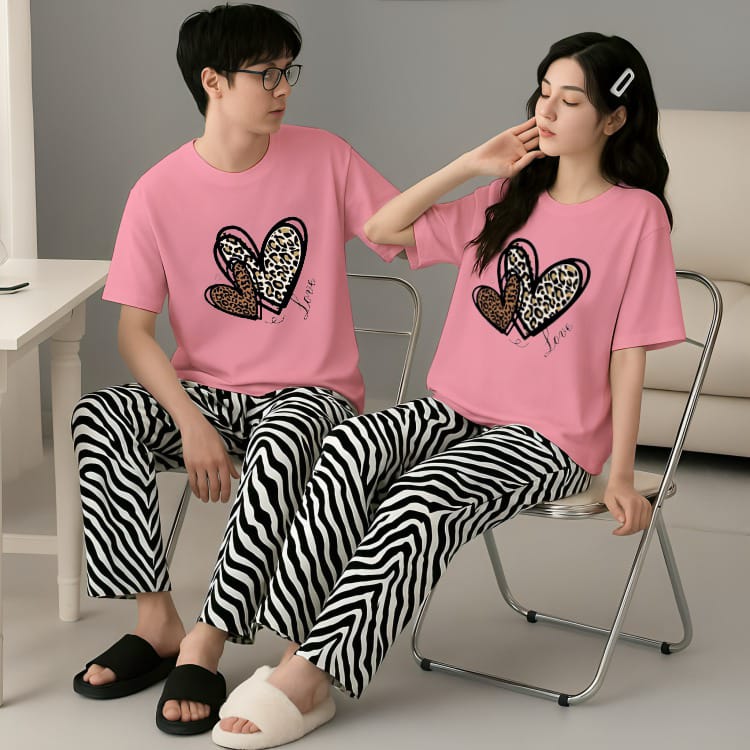 Love Hearts Matching Couple Set - Pink T-Shirt  & Zebra Pajama Lounge Set