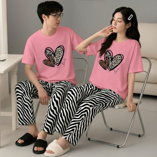 Love Hearts Matching Couple Set - Pink T-Shirt  & Zebra Pajama Lounge Set