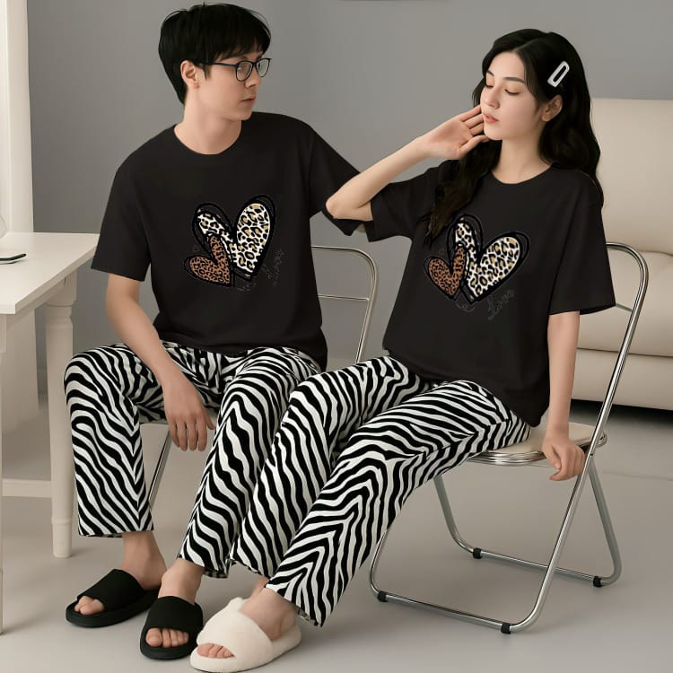 Heart Print & Zebra Stripes His & Hers Black Matching Lounge Set