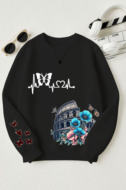 Butterfly Heartbeat Colosseum Printed Sweatshirt - Black Floral Print Crewneck