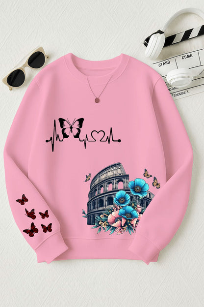 Pink Butterfly Heartbeat Printed Sweatshirt