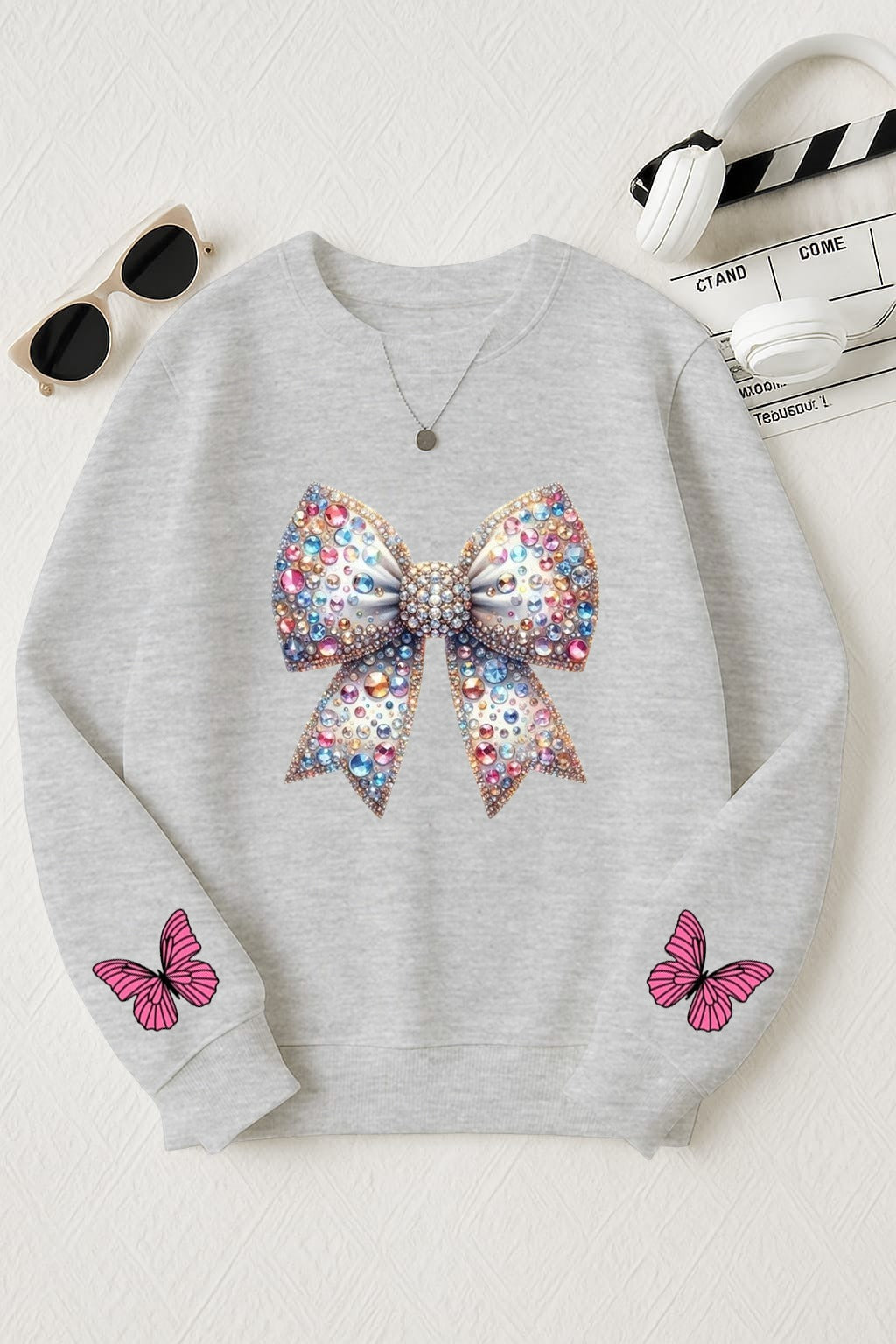 Gray Sparkle Bow Printed Sweatshirt