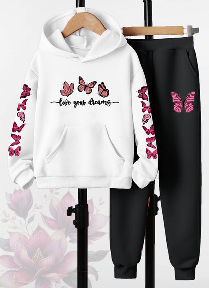 White Butterfly Live Your Dreams Printed Co-ord Set - Hoodie & Joggers