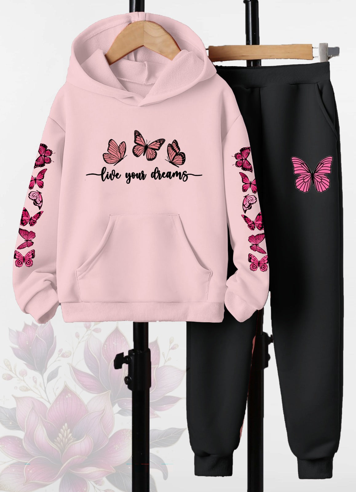 Pink Butterfly Live Your Dreams Printed - Hoodie & Joggers"