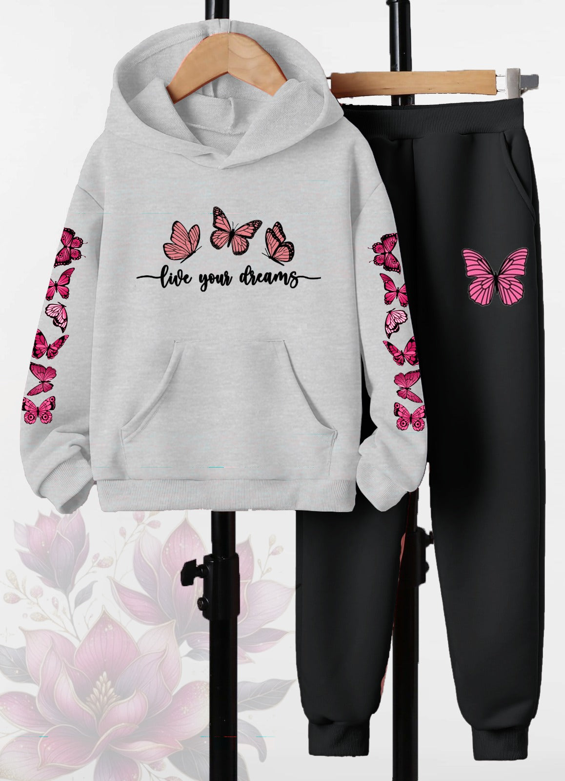 Butterfly Dreams Printed - Light gray Hoodie & Joggers