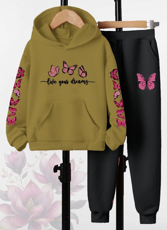 Butterfly Dreams Printed - Mustard Green Hoodie & Joggers