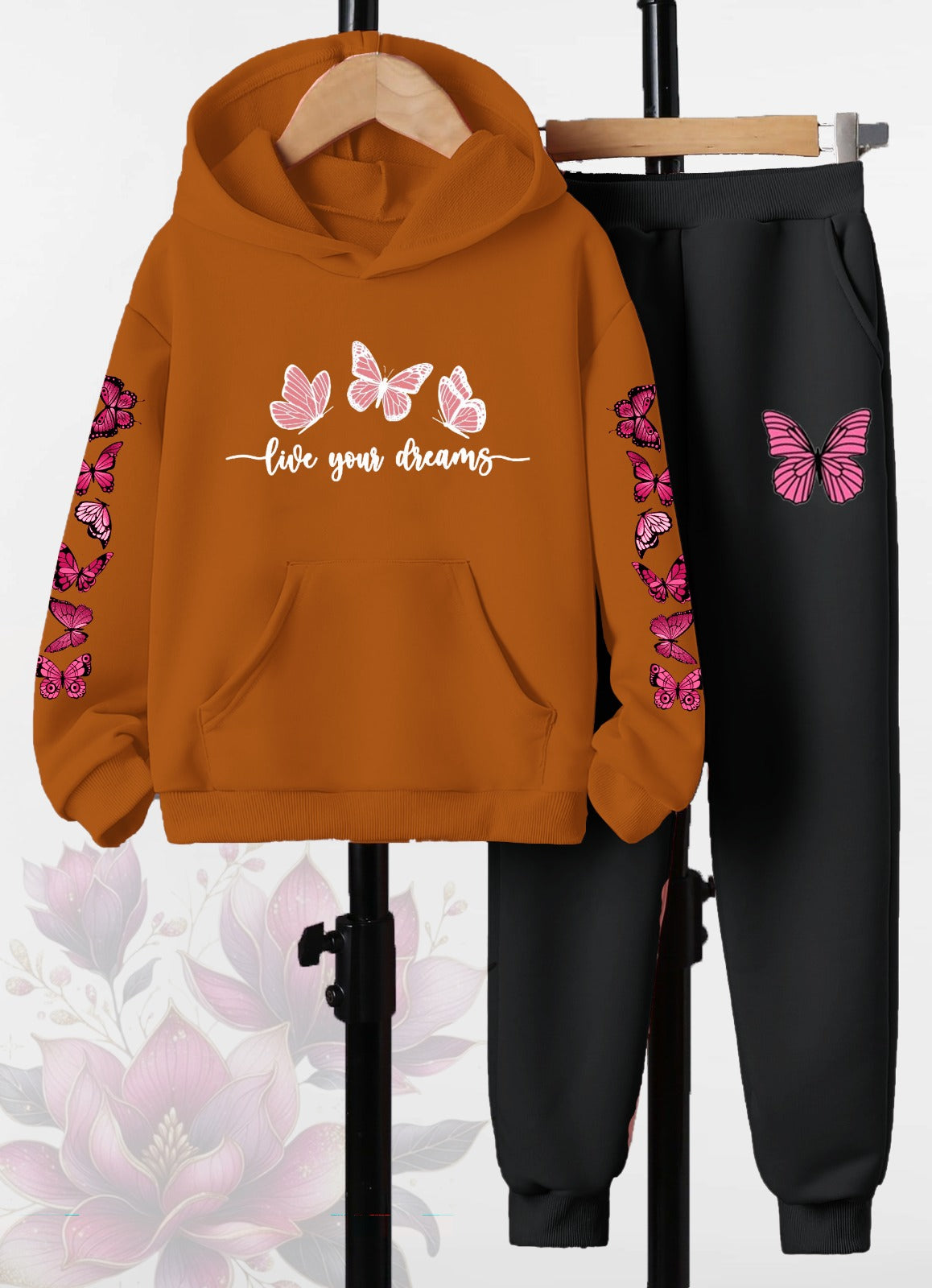 Butterfly Dreams Printed -  Orange Hoodie & Joggers