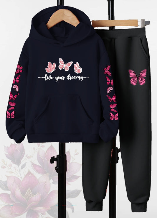 Butterfly Dreams Printed -  Navy Blue Hoodie & Joggers