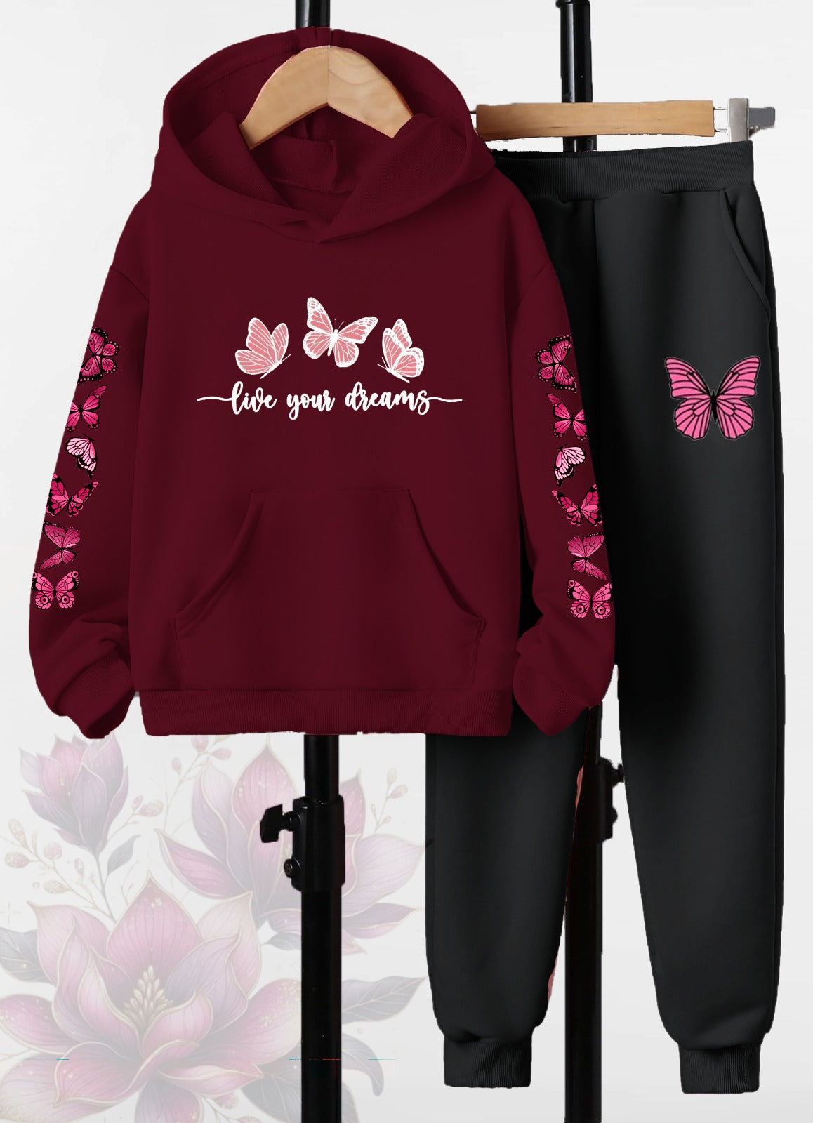 Butterfly Dreams Printed - Maroon Hoodie & Joggers