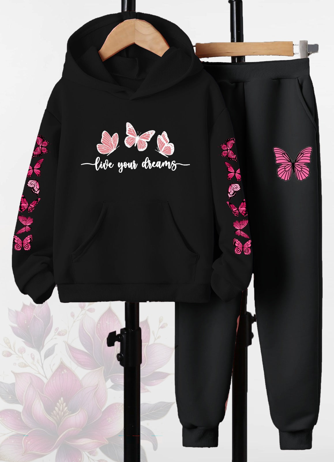 Butterfly Dreams Printed - Black Hoodie & Joggers