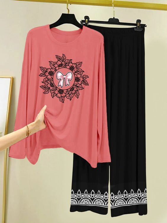 Women's Casual Lounge Set with Mandala/Floral Print & Bow