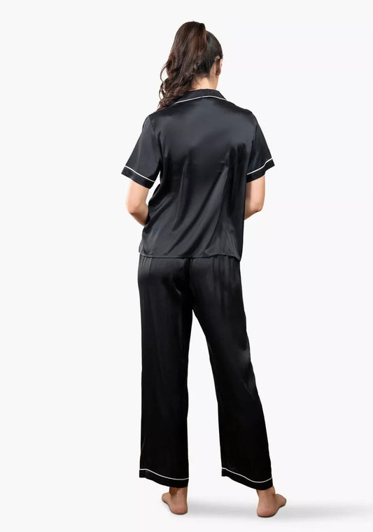 Black Satin Pajama Set for Women – Short Sleeve & Full-Length Pants