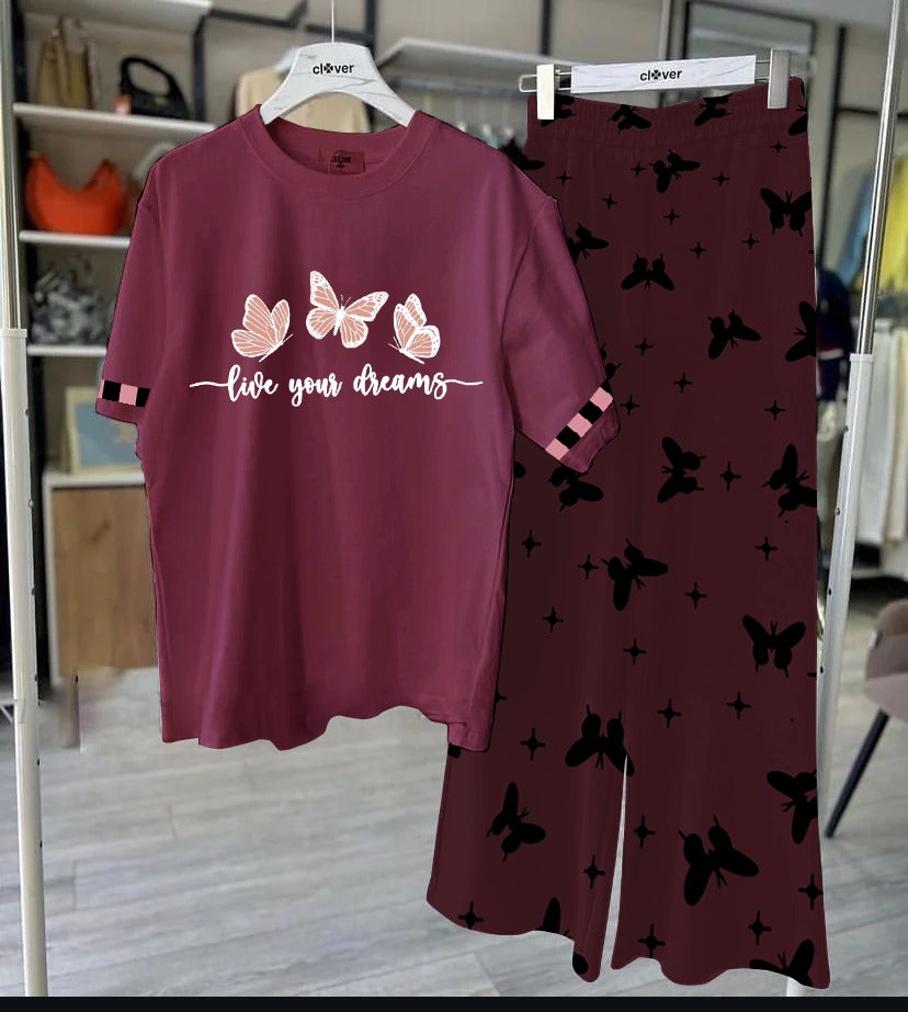 Monochrome Maroon Butterfly Lounge Set