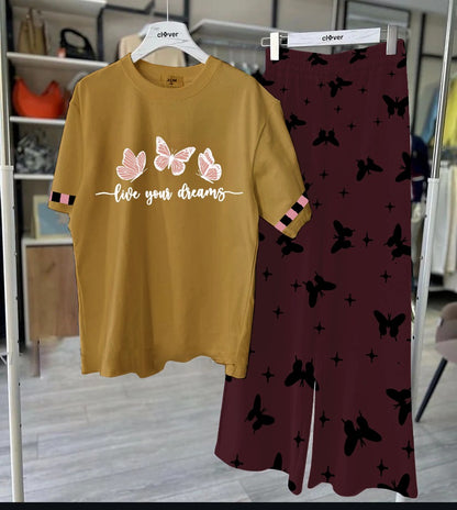 Mustard Yellow Butterfly Tee and Maroon Wide-Leg Lounge Set