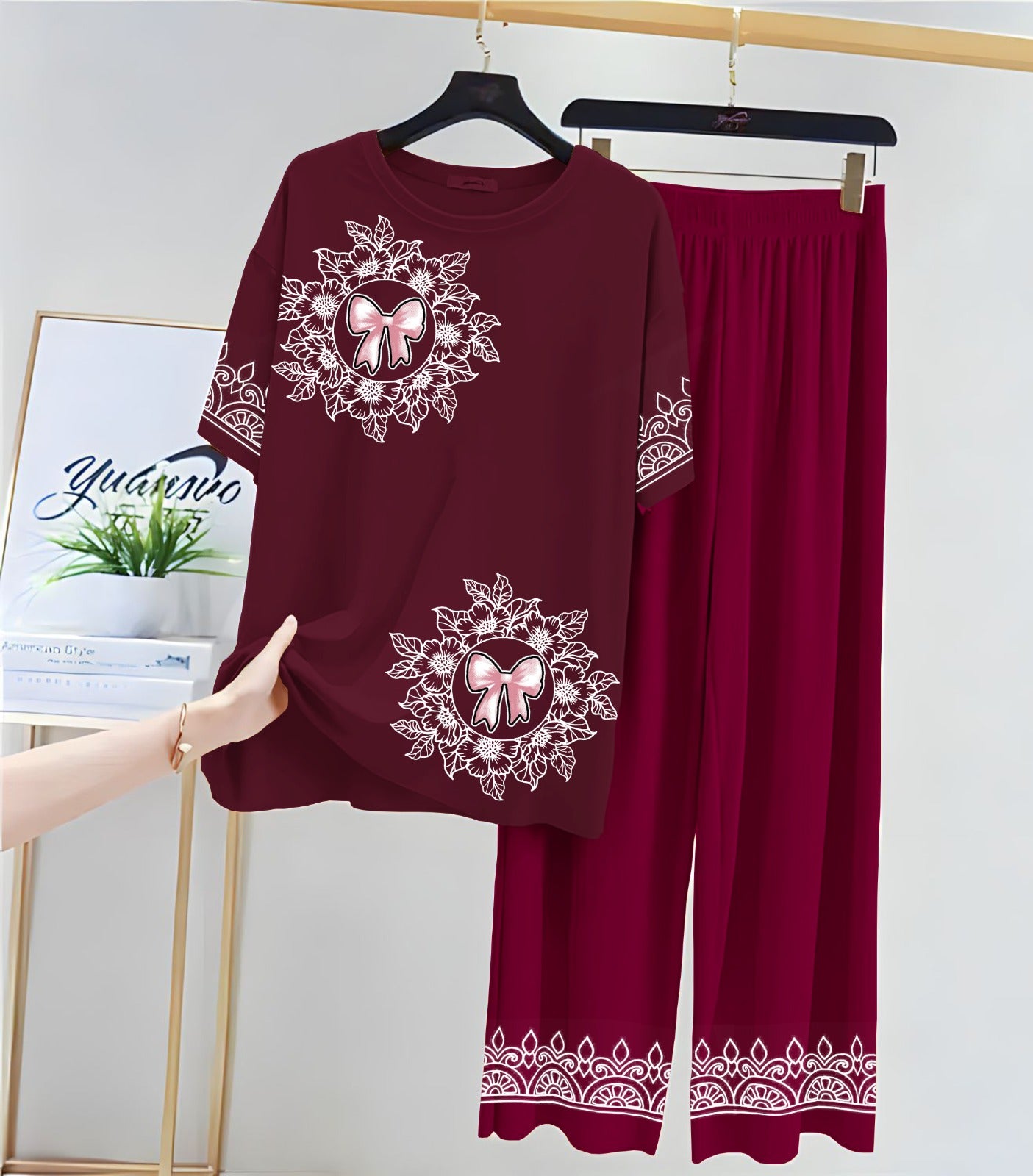 Maroon Bow & Floral Pattern Loungewear Set