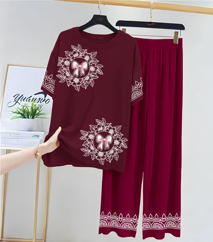 Maroon Bow & Floral Pattern Loungewear Set