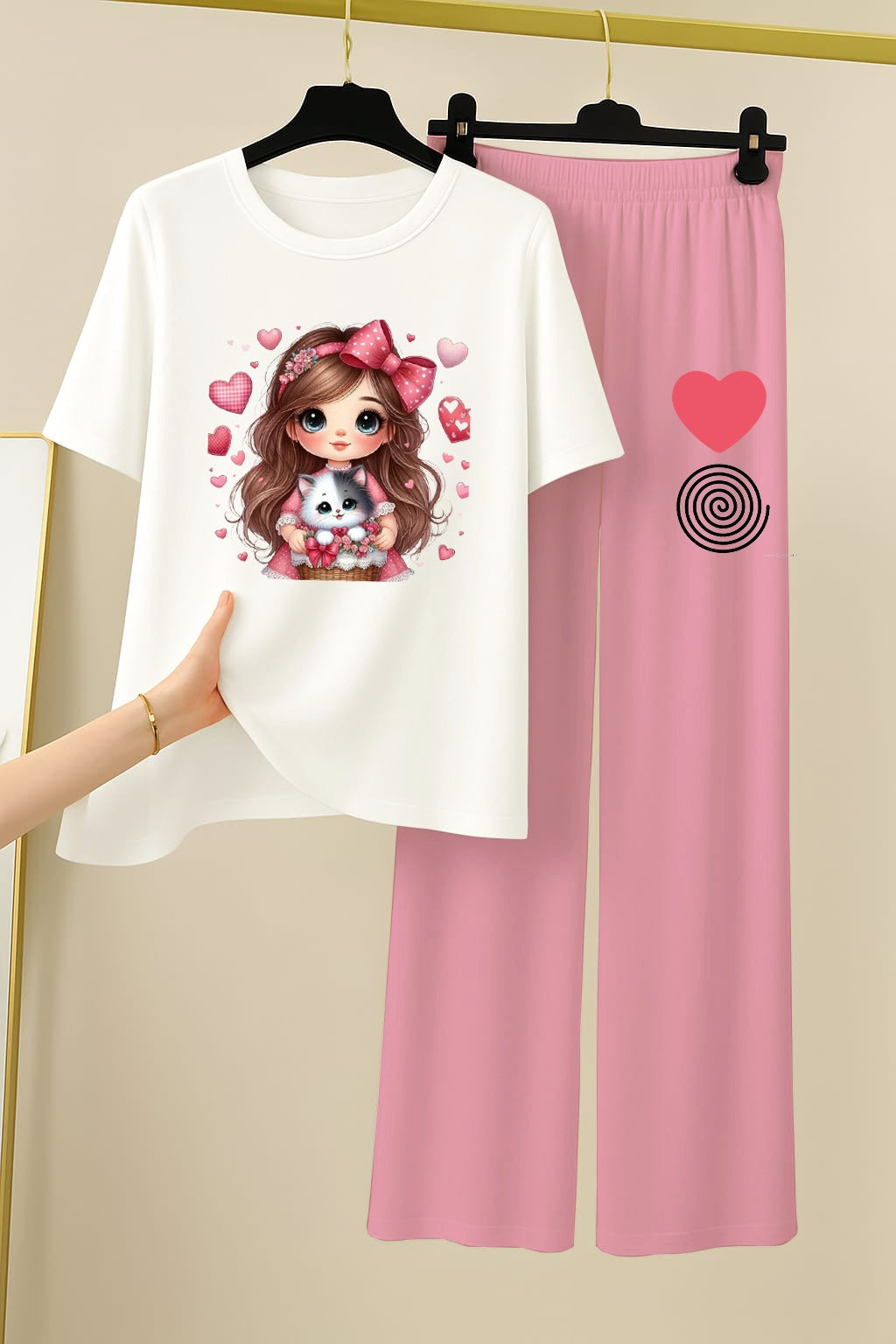 White & Pink Cartoon Character Loungewear Set